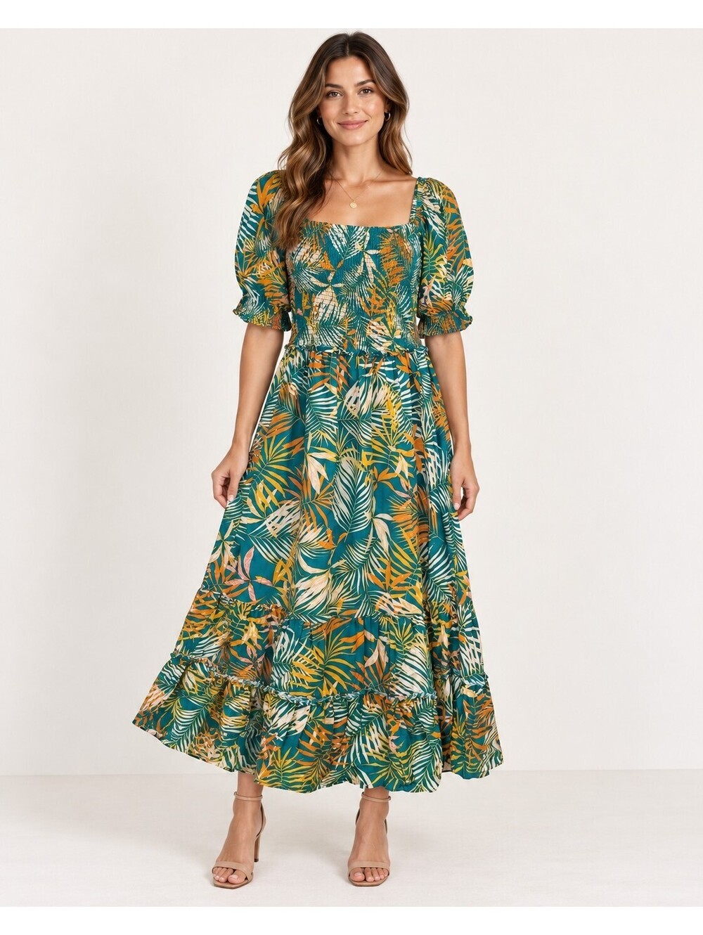 Betsey Johnson Midi Dress Smocked Top Puff Sleeves Tropical Pepper Green Sz Med